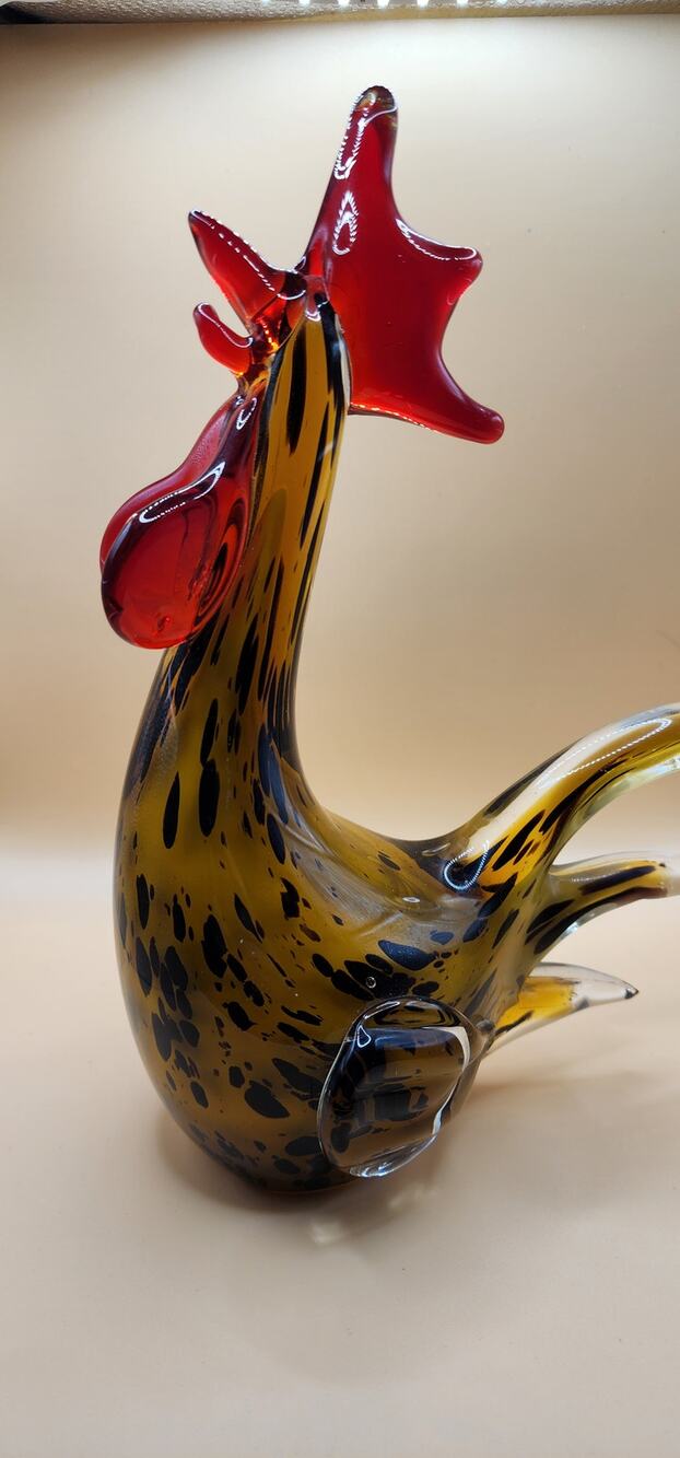 Large Art Glass Rooster Figurine 10" Amber Black Red Heavy Chicken Farmhouse